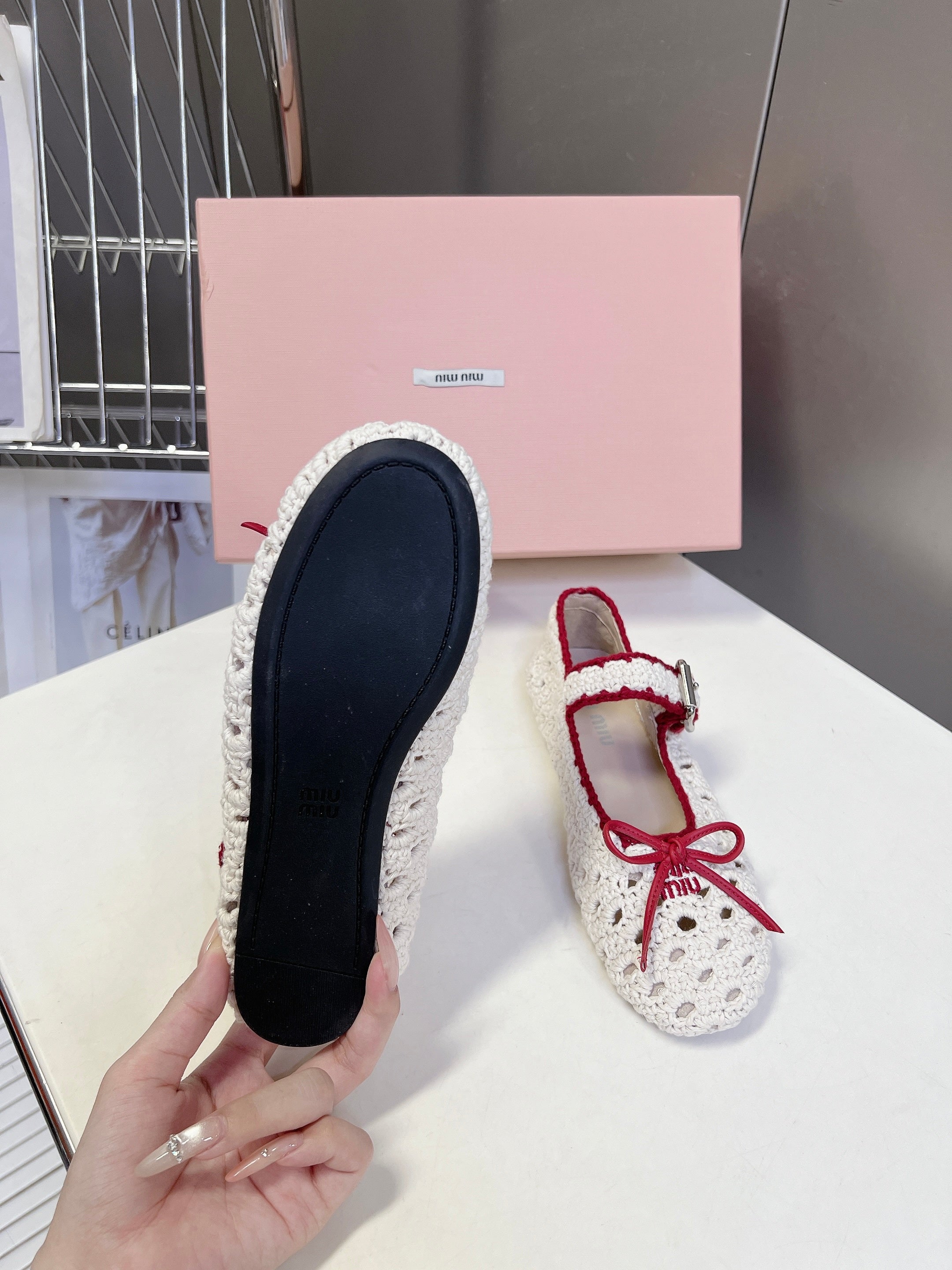 Miu 26s Crochet Ballerinas White Red Cotton 948073