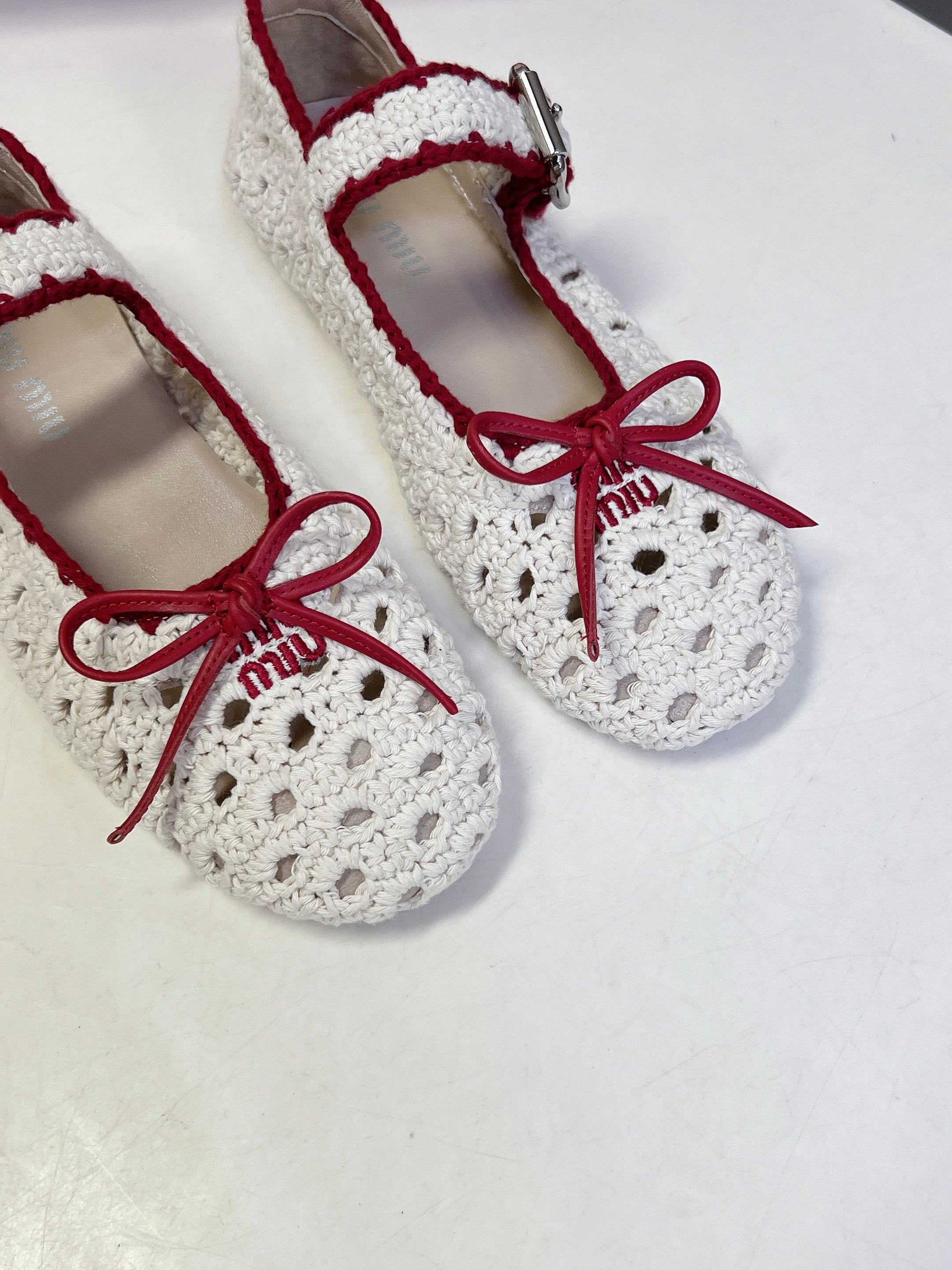 Miu 26s Crochet Ballerinas White Red Cotton 948073