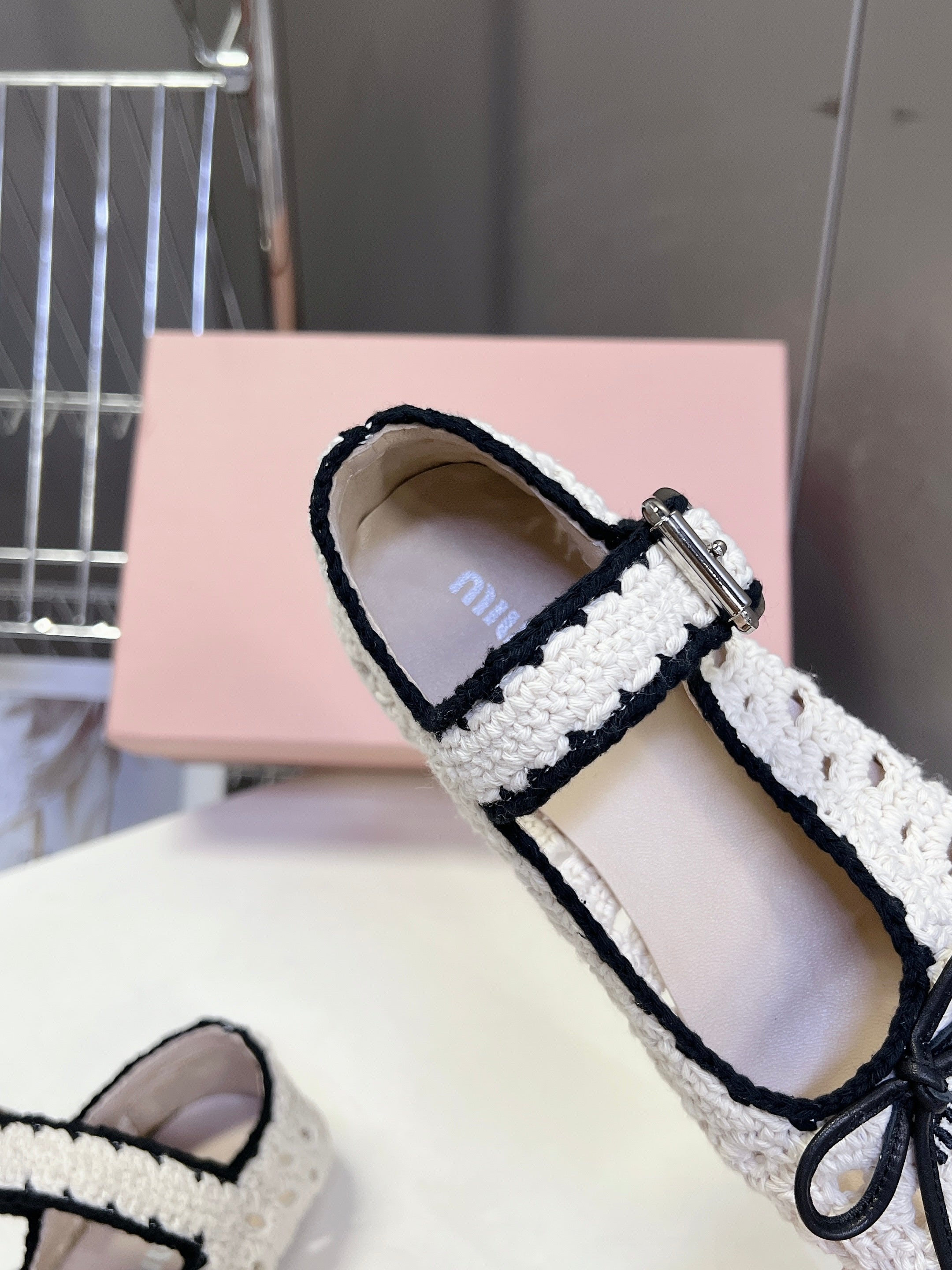 Miu 26s Crochet Ballerinas White Black Cotton 948072
