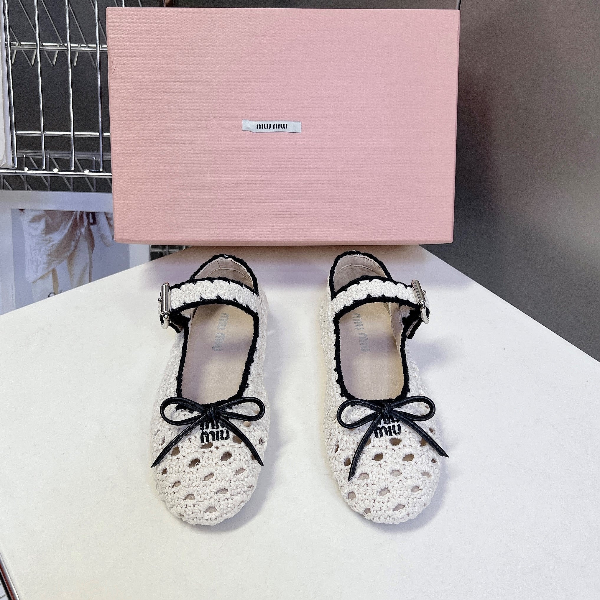 Miu 26s Crochet Ballerinas White Black Cotton 948072