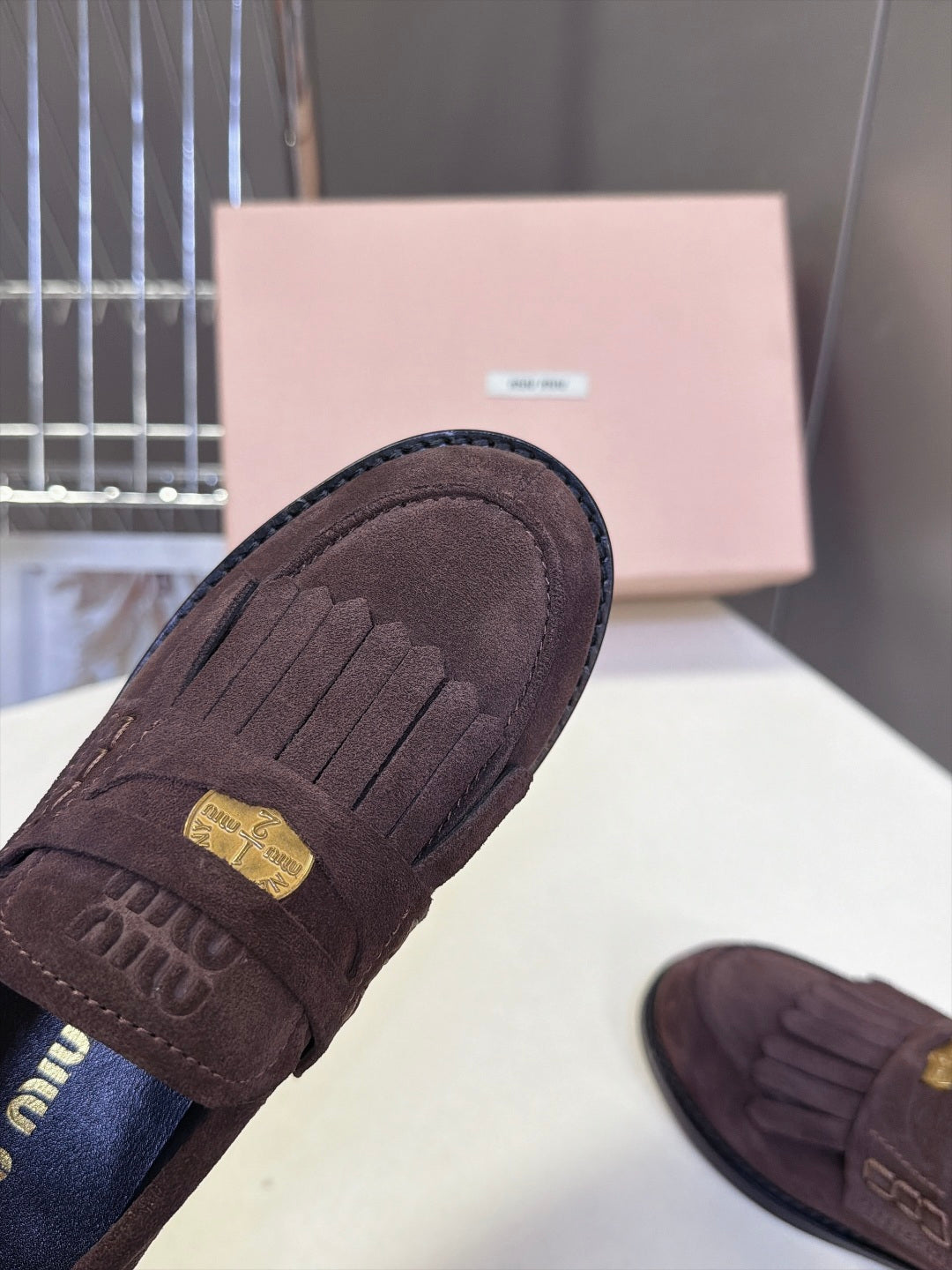 Miu 26s Fringe Loafers Dark Brown Suede 994222