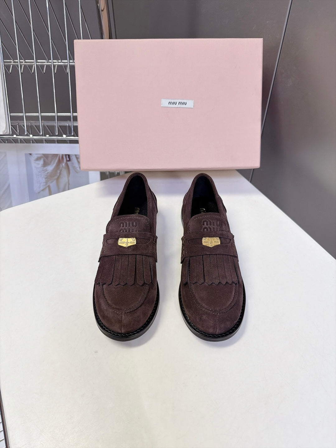 Miu 26s Fringe Loafers Dark Brown Suede 994222