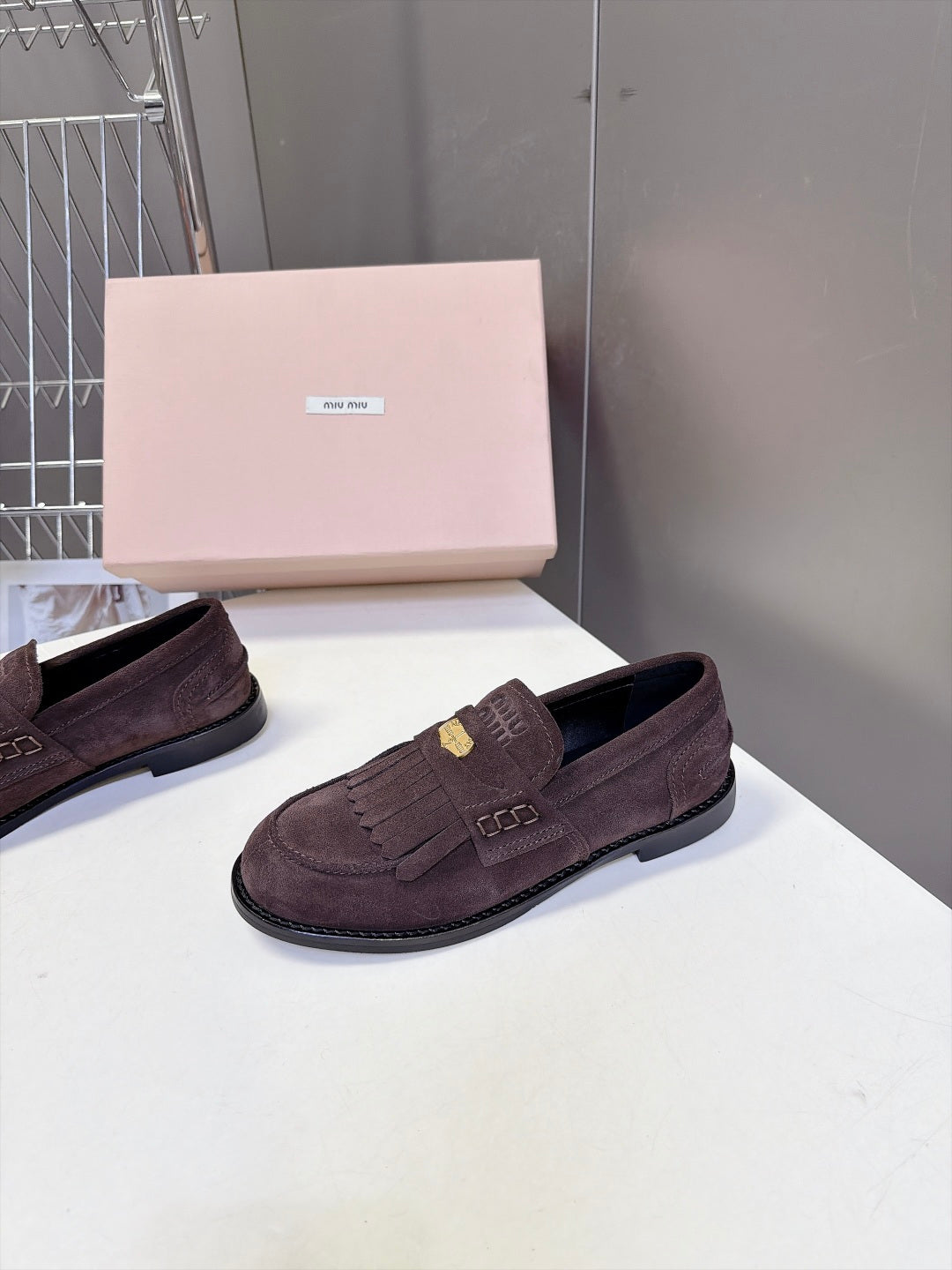 Miu 26s Fringe Loafers Dark Brown Suede 994222