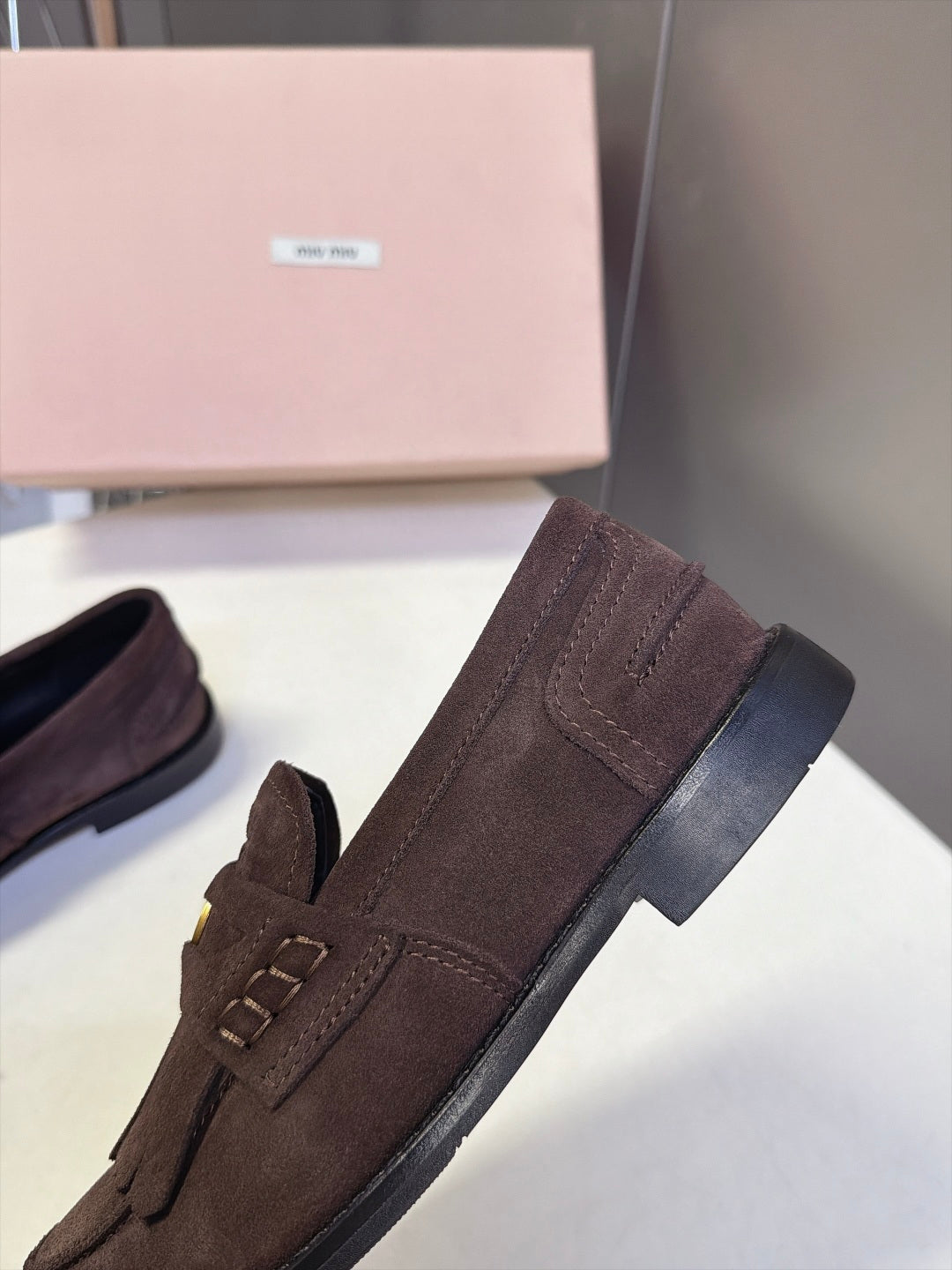 Miu 26s Fringe Loafers Dark Brown Suede 994222