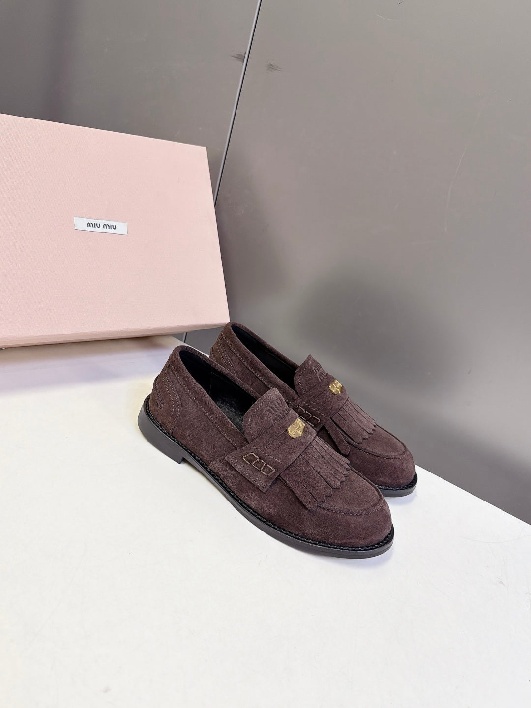 Miu 26s Fringe Loafers Dark Brown Suede 994222