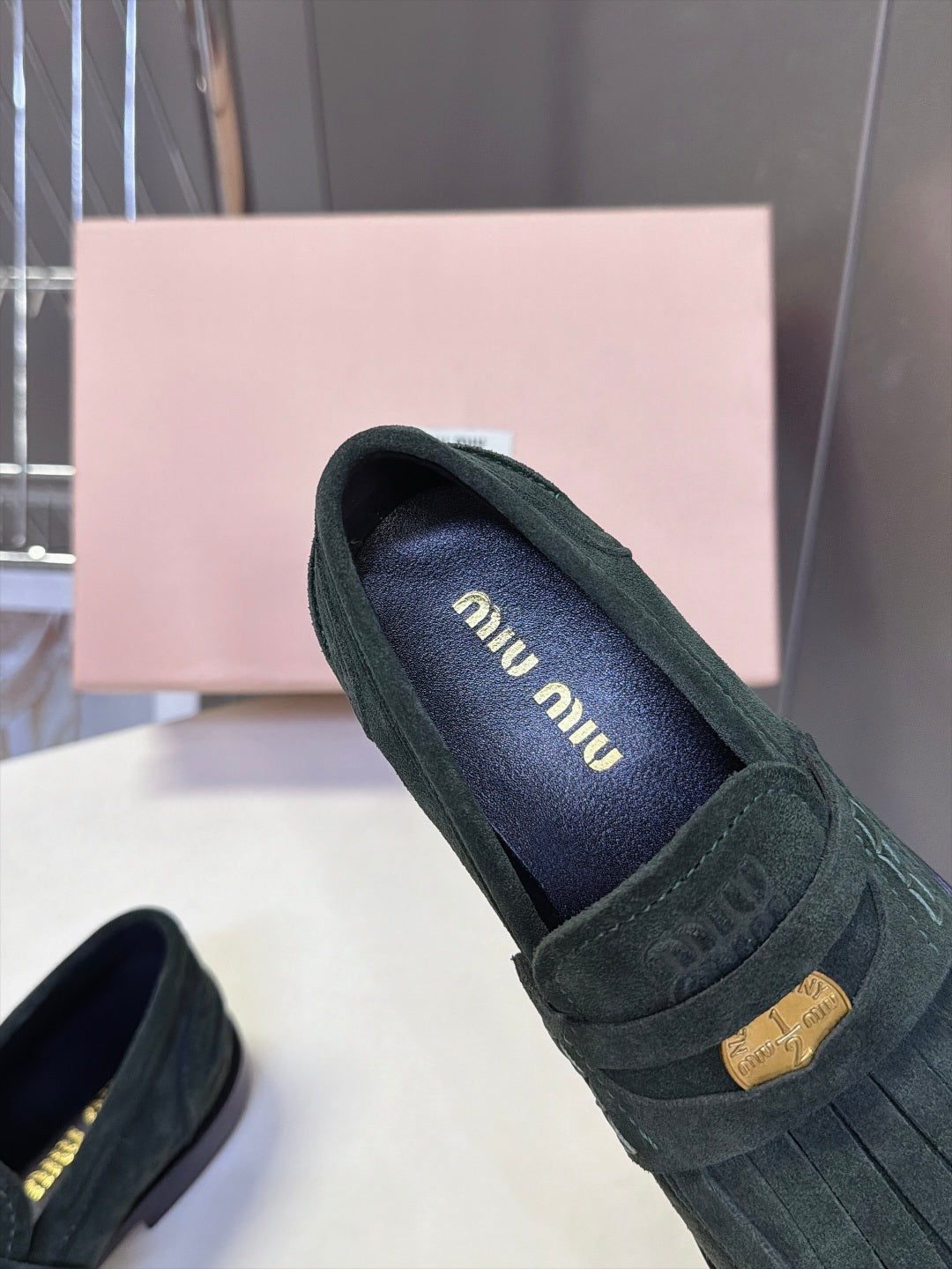 Miu 26s Fringe Loafers Dark Green Suede 994223