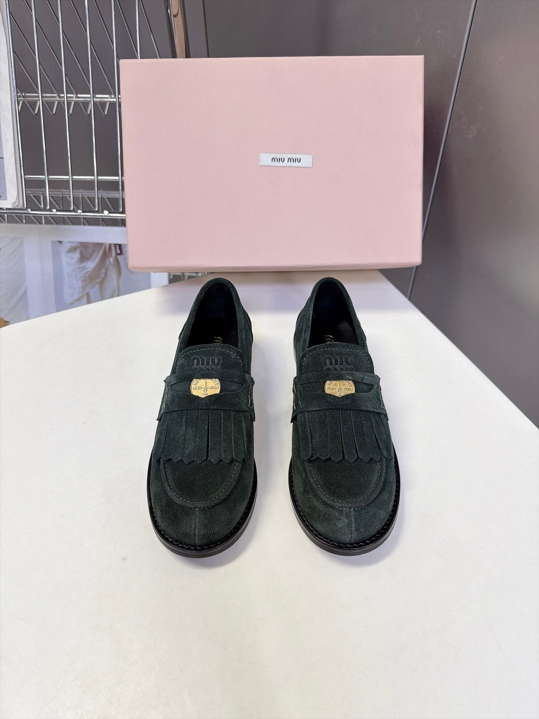 Miu 26s Fringe Loafers Dark Green Suede 994223