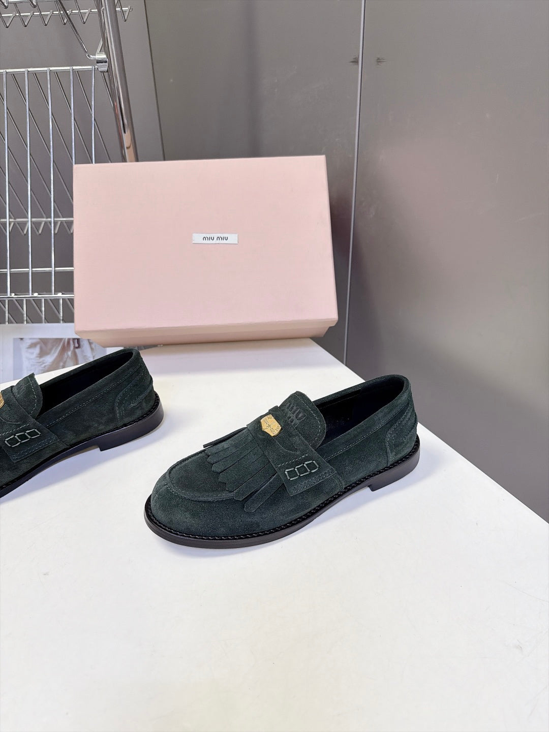 Miu 26s Fringe Loafers Dark Green Suede 994223