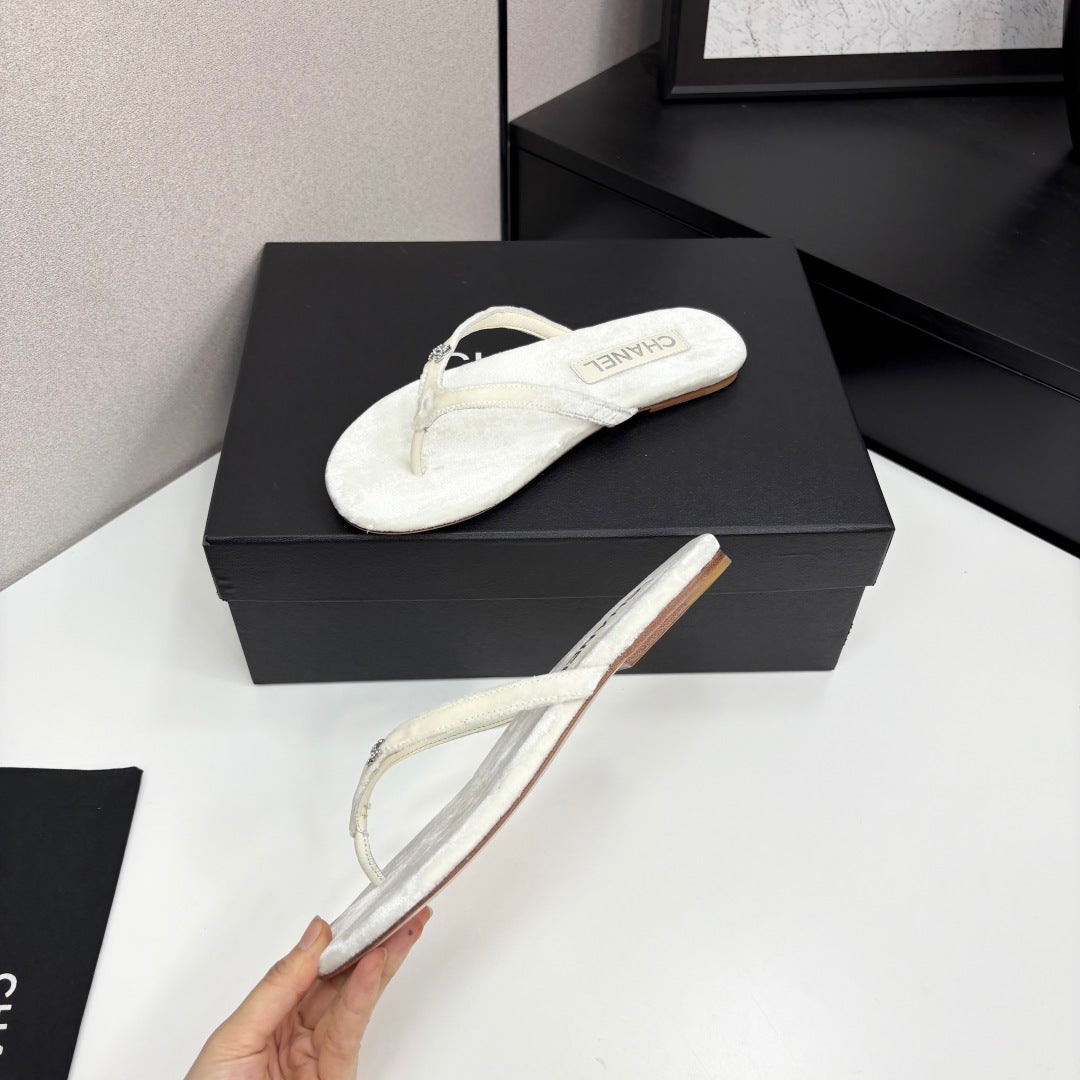 CC Crystal Logo Thong Sandal White Velvet 352477
