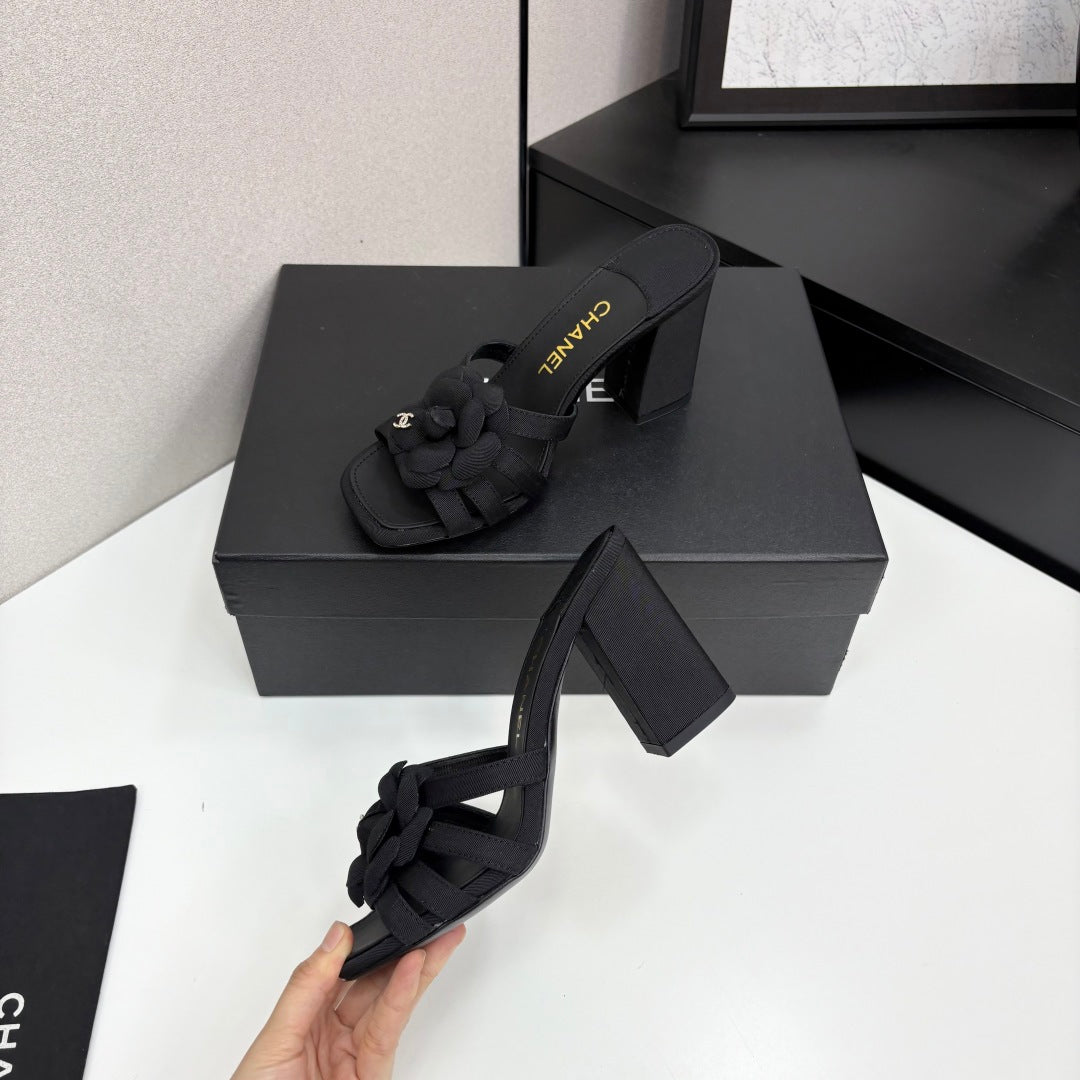 CC 25 Camellia Open Heel Mule Sandals 90mm Black Sheepskin And Fabric 368841