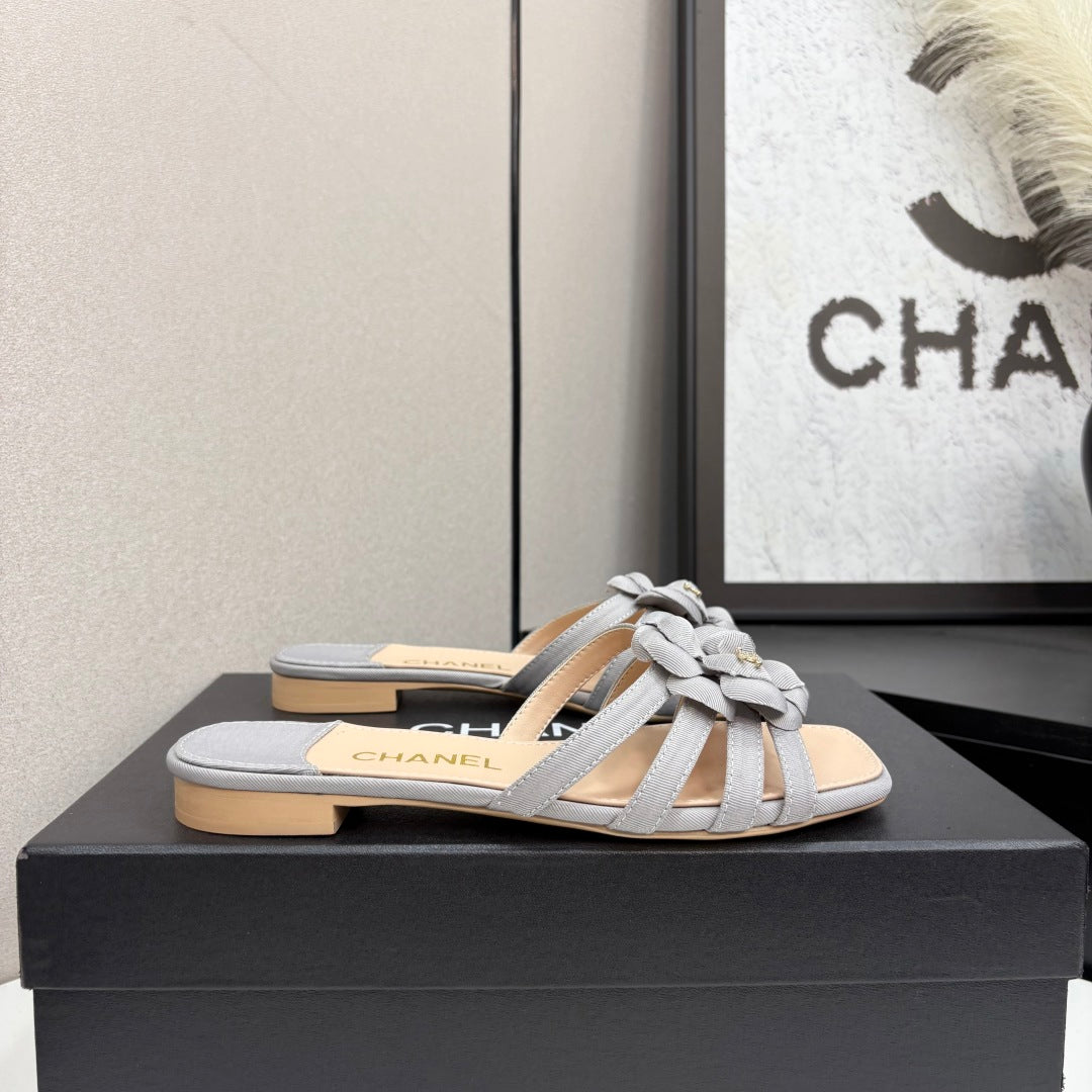 CC 25 Camellia Open Flat Mule Grey Beige Sheepskin And Fabric 368848