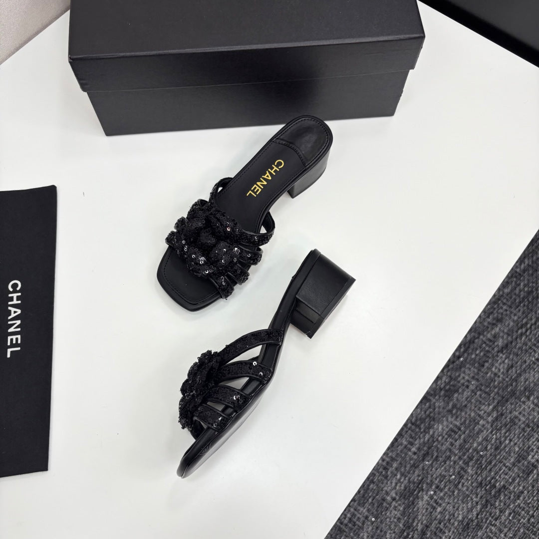 CC 25 Camellia Open Heel Mule Sandals 50mm Black Coarse Glitter Fabric And Sheepskin 368856