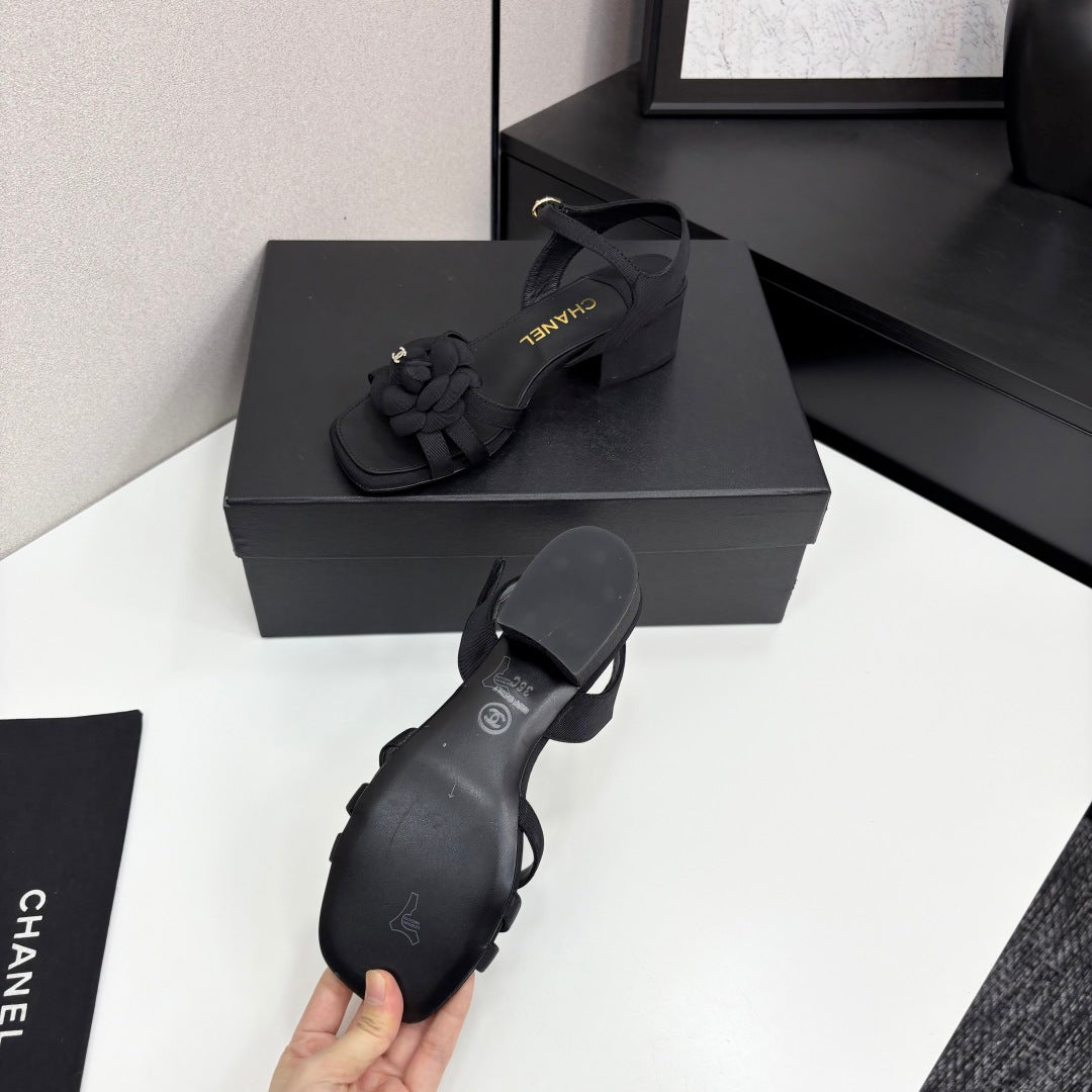 CC 25 Camellia Open Heel Sandals 50mm Black Sheepskin And Fabric 368811
