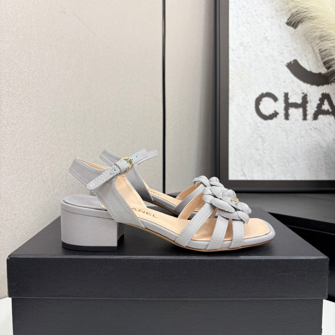 CC 25 Camellia Open Heel Sandals 50mm Grey Beige Sheepskin And Fabric 368814