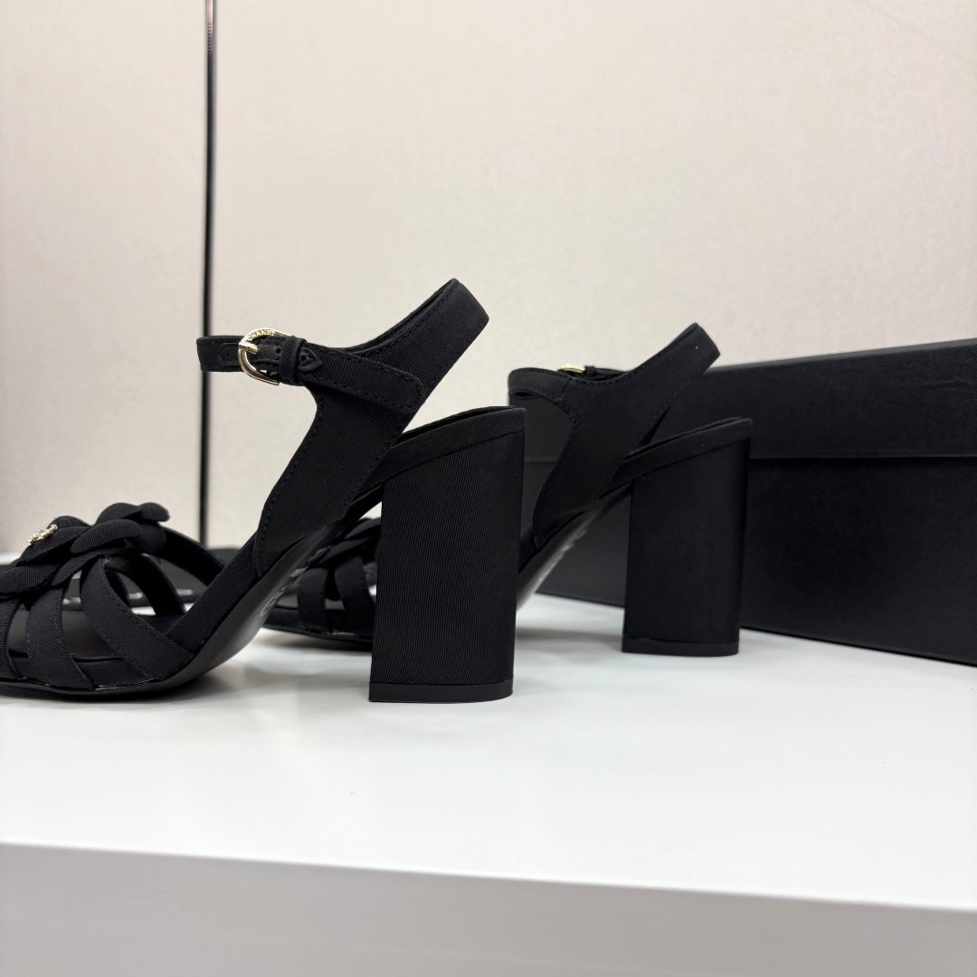 CC 25 Camellia Open Heel Sandals 90mm Black Sheepskin And Fabric 368819