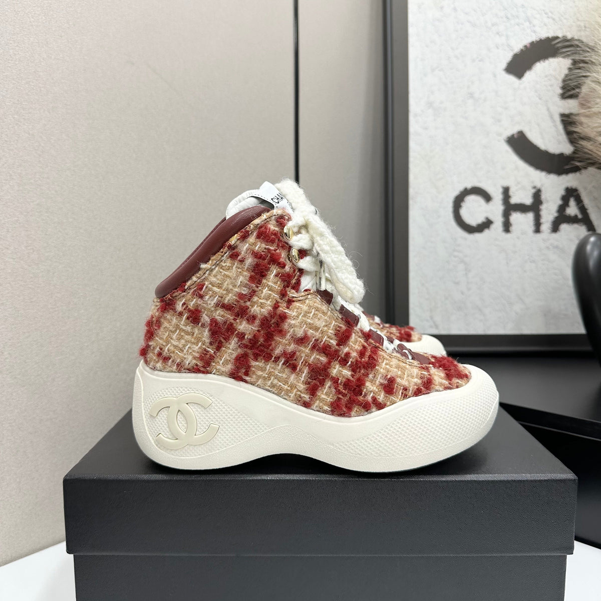 CC 26s High Top Sneakers Beige Red Tweed Calfskin 135145