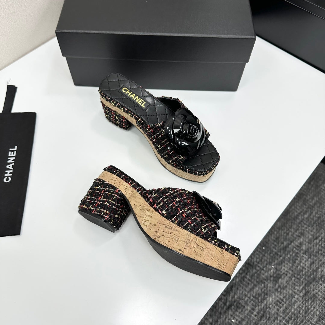 CC 26s Camellia Platform Slippers 65 Black Colorful Tweed Lambskin 668177