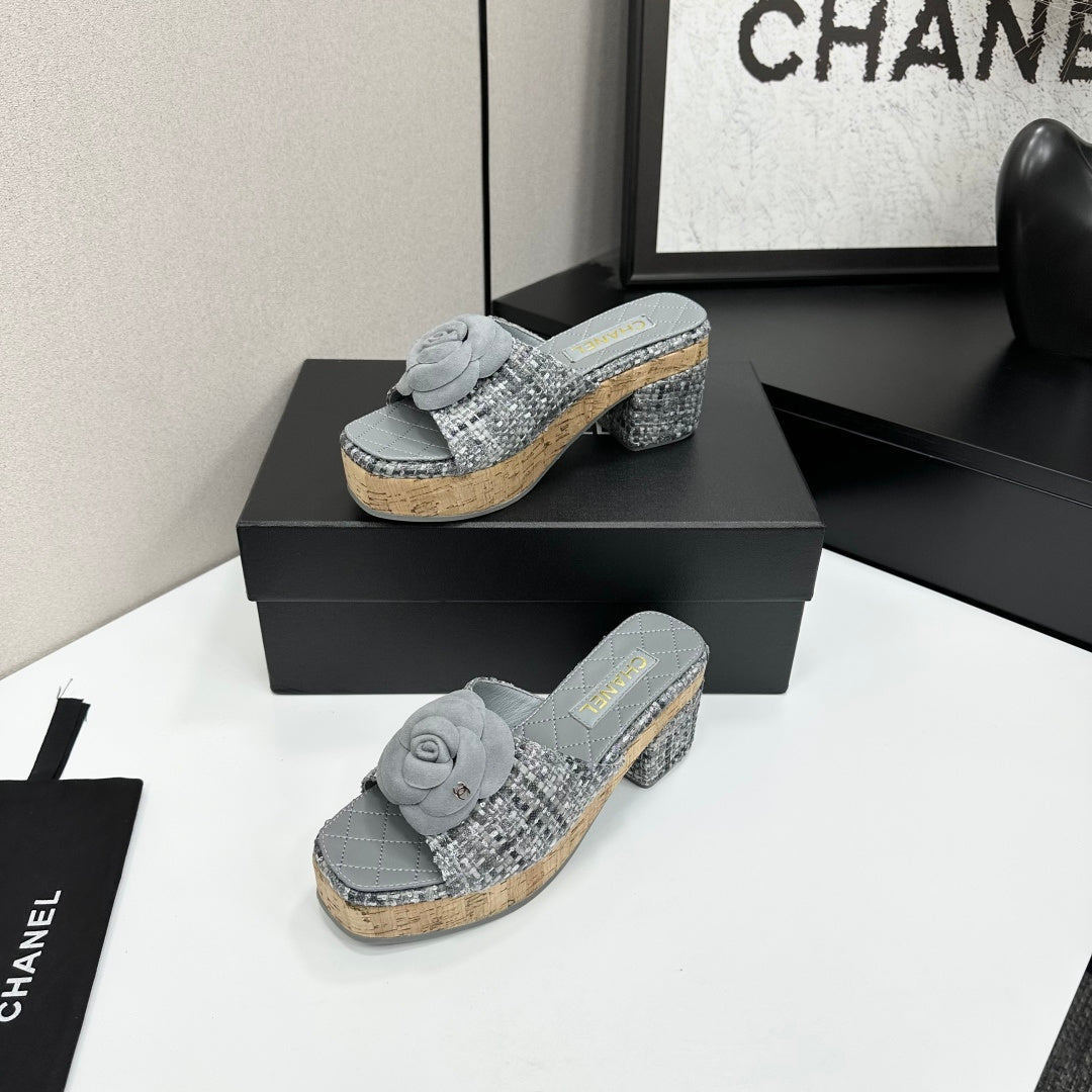CC 26s Camellia Platform Slippers 65 Grey Tweed Lambskin 668174