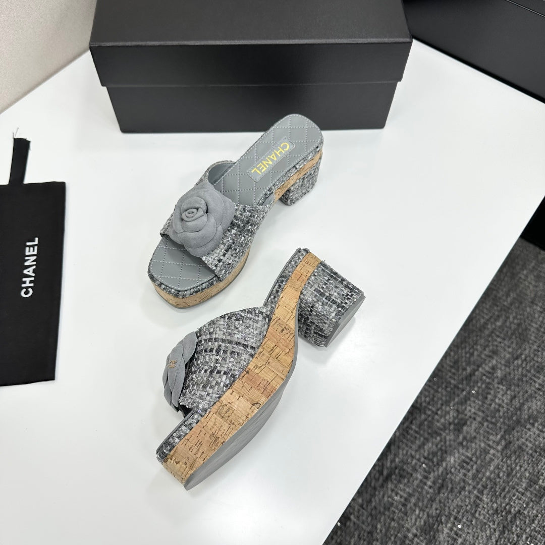 CC 26s Camellia Platform Slippers 65 Grey Tweed Lambskin 668174