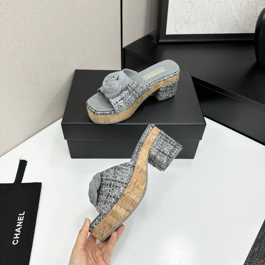 CC 26s Camellia Platform Slippers 65 Grey Tweed Lambskin 668174