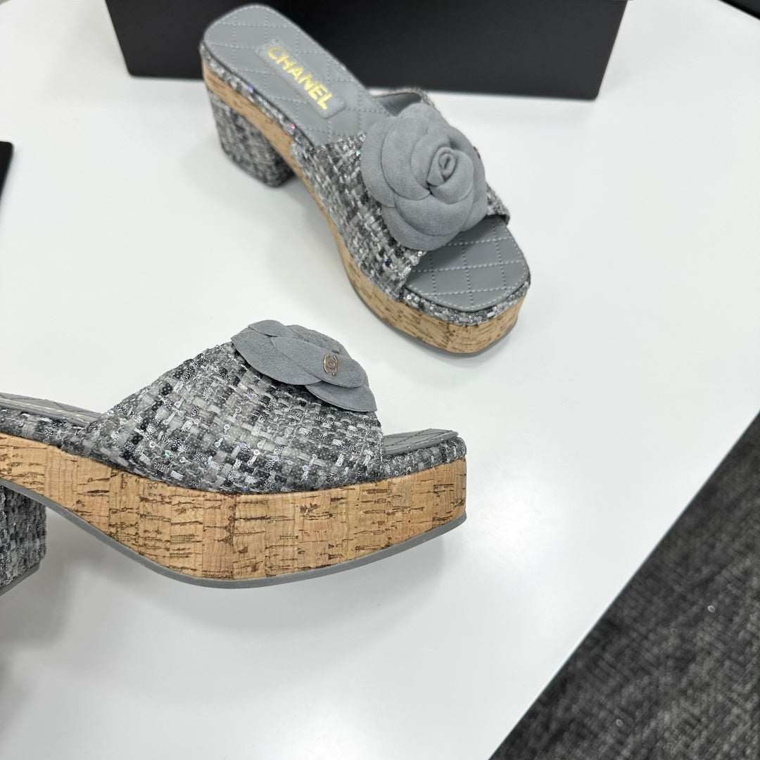 CC 26s Camellia Platform Slippers 65 Grey Tweed Lambskin 668174