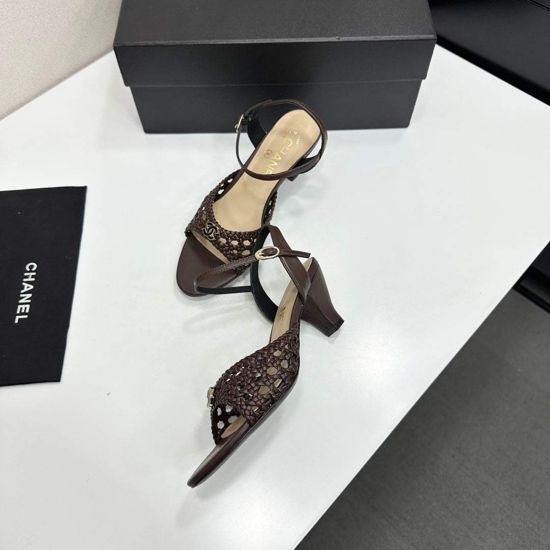 CC Openwork Sandals Coffee Woven Sheepskin 743266
