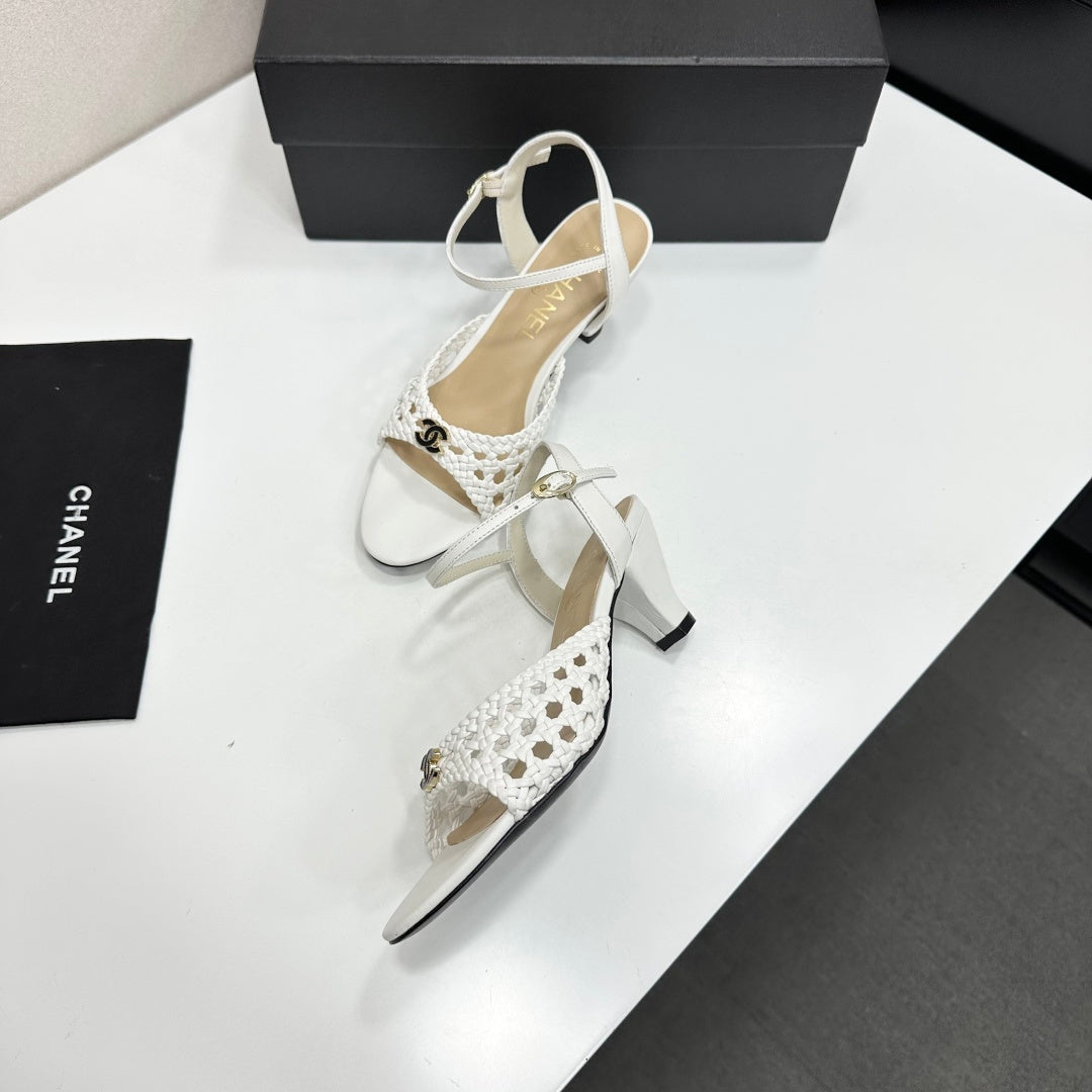 CC Openwork Sandals White Woven Sheepskin 743267