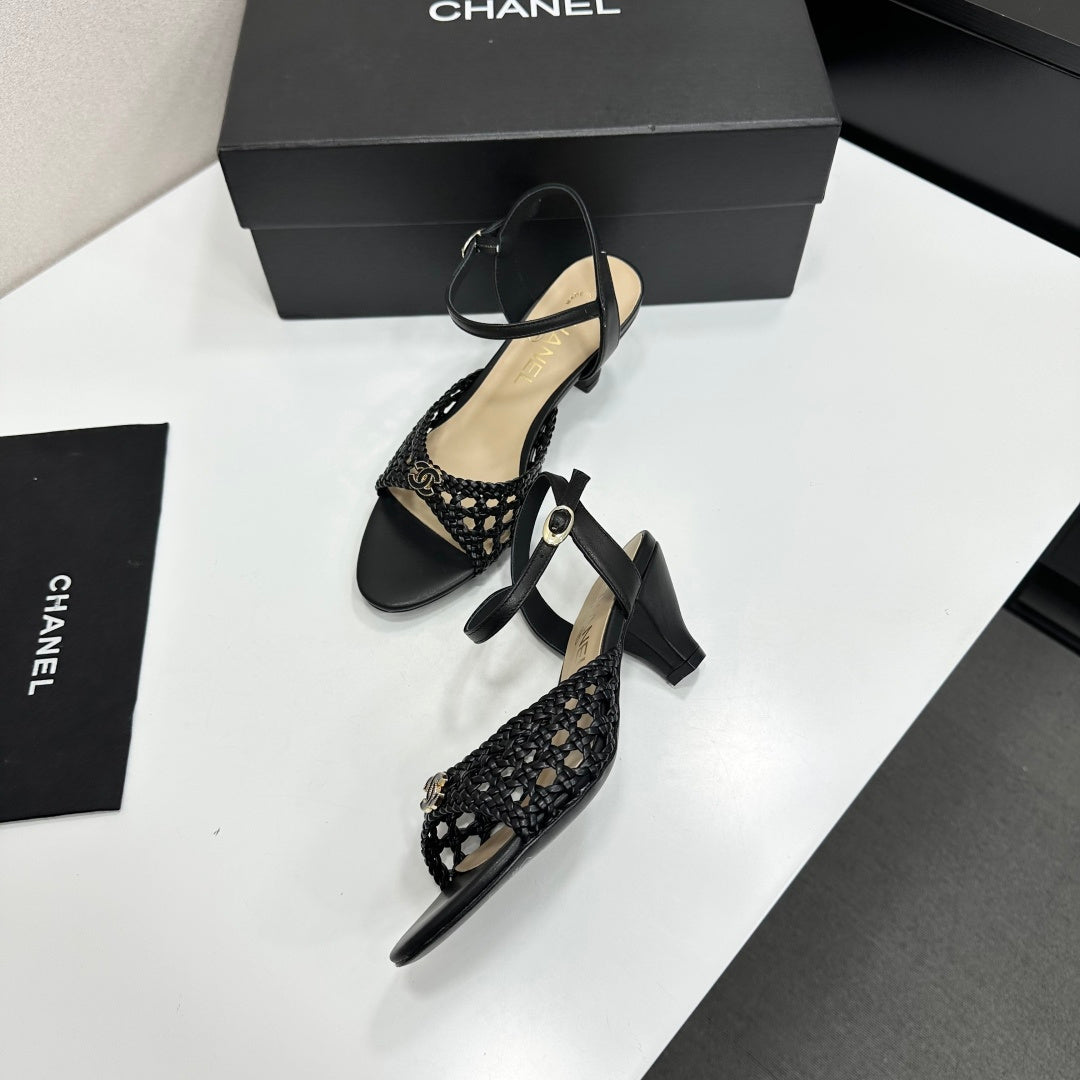 CC Openwork Sandals Black Woven Sheepskin 743268