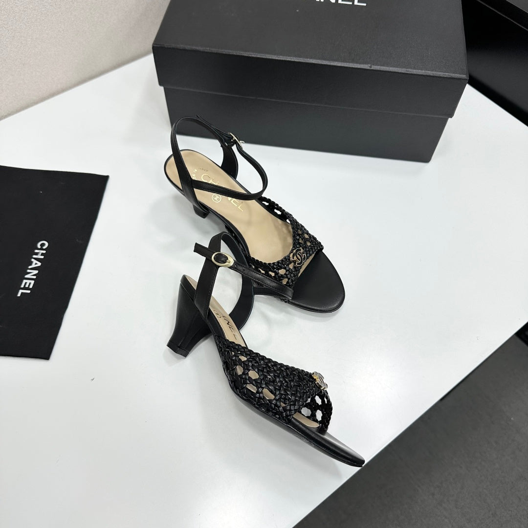 CC Openwork Sandals Black Woven Sheepskin 743268