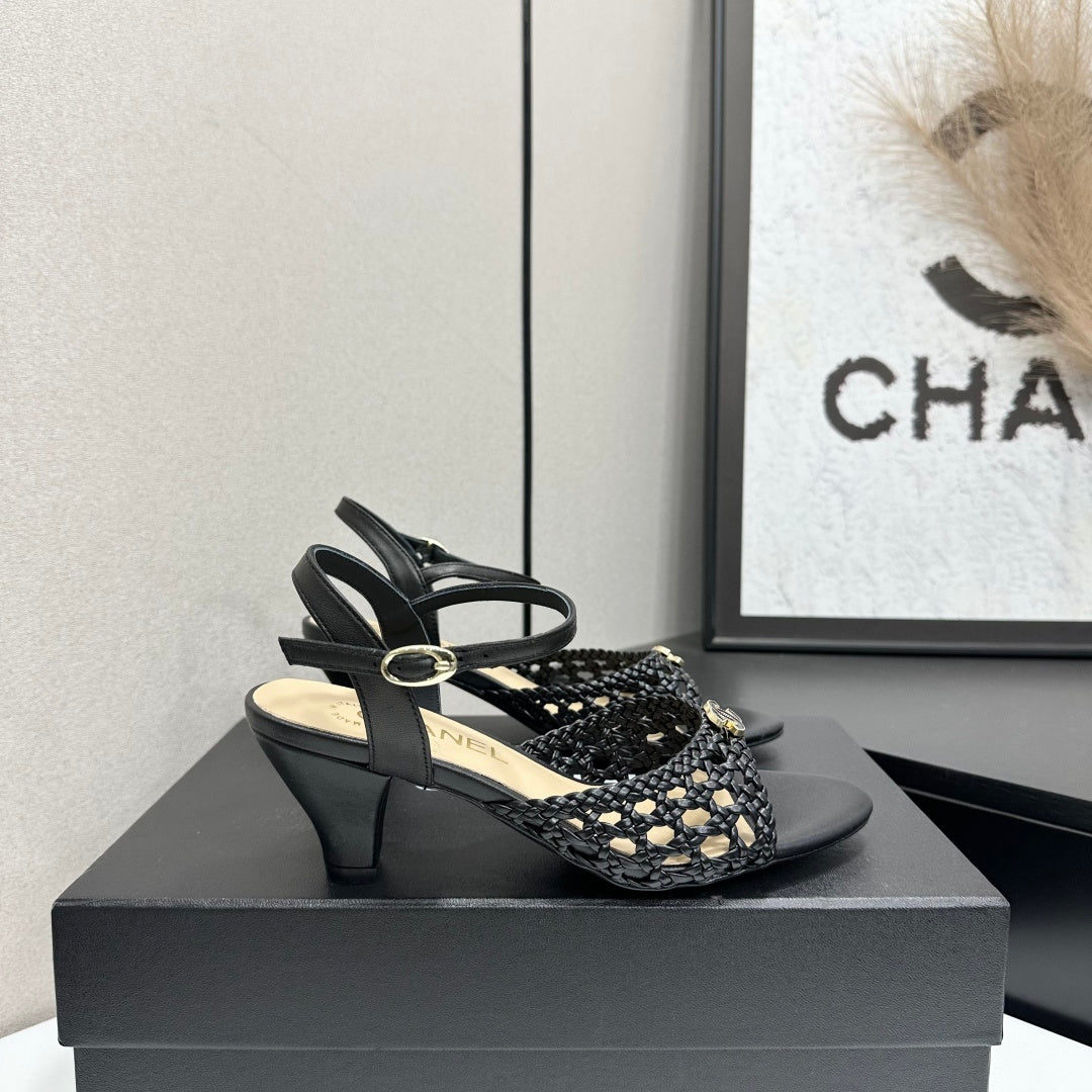 CC Openwork Sandals Black Woven Sheepskin 743268