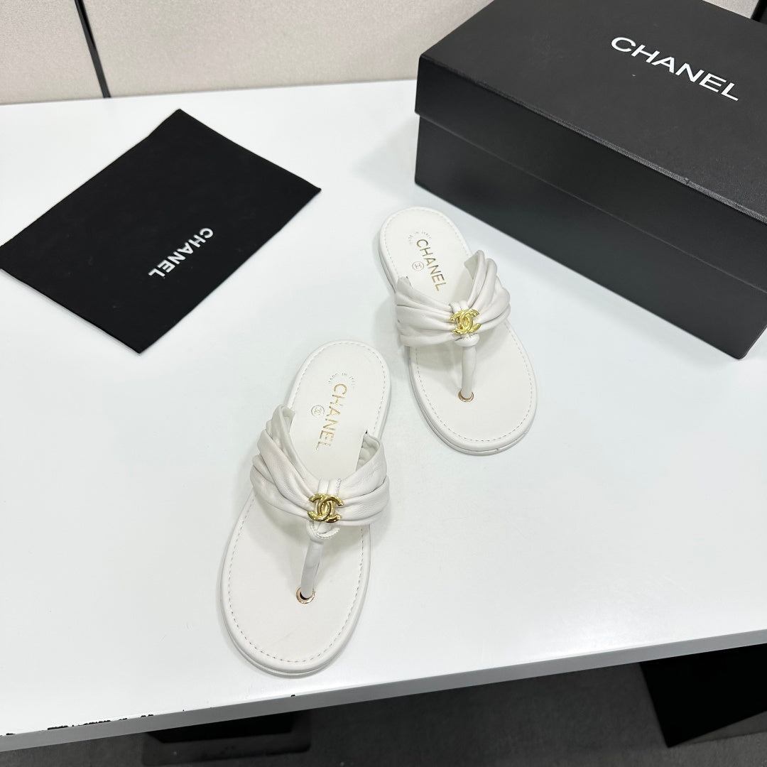 Chanel 26S Thong Sandals In White Lambskin