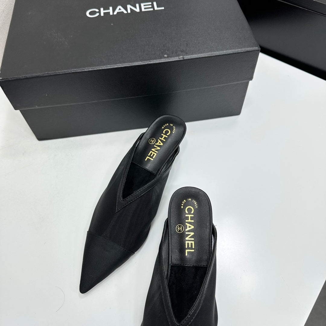 CC 26s Pointed-Toe Kitten Heel Mules Black Mesh 926391