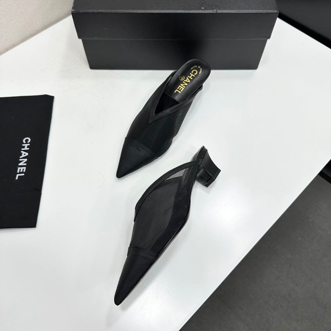 CC 26s Pointed-Toe Kitten Heel Mules Black Mesh 926391