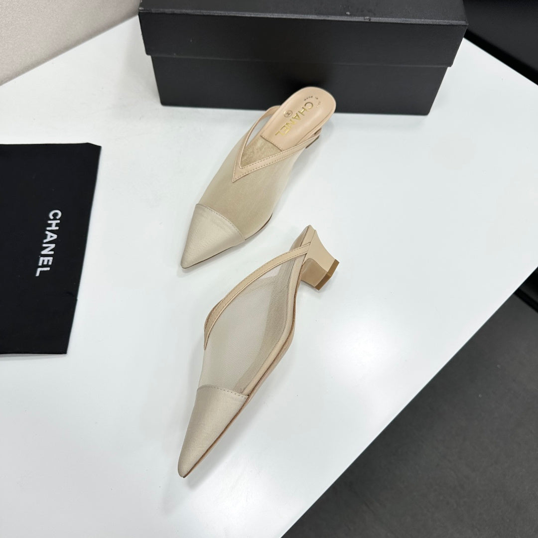 CC 26s Pointed-Toe Kitten Heel Mules Beige Mesh 926392