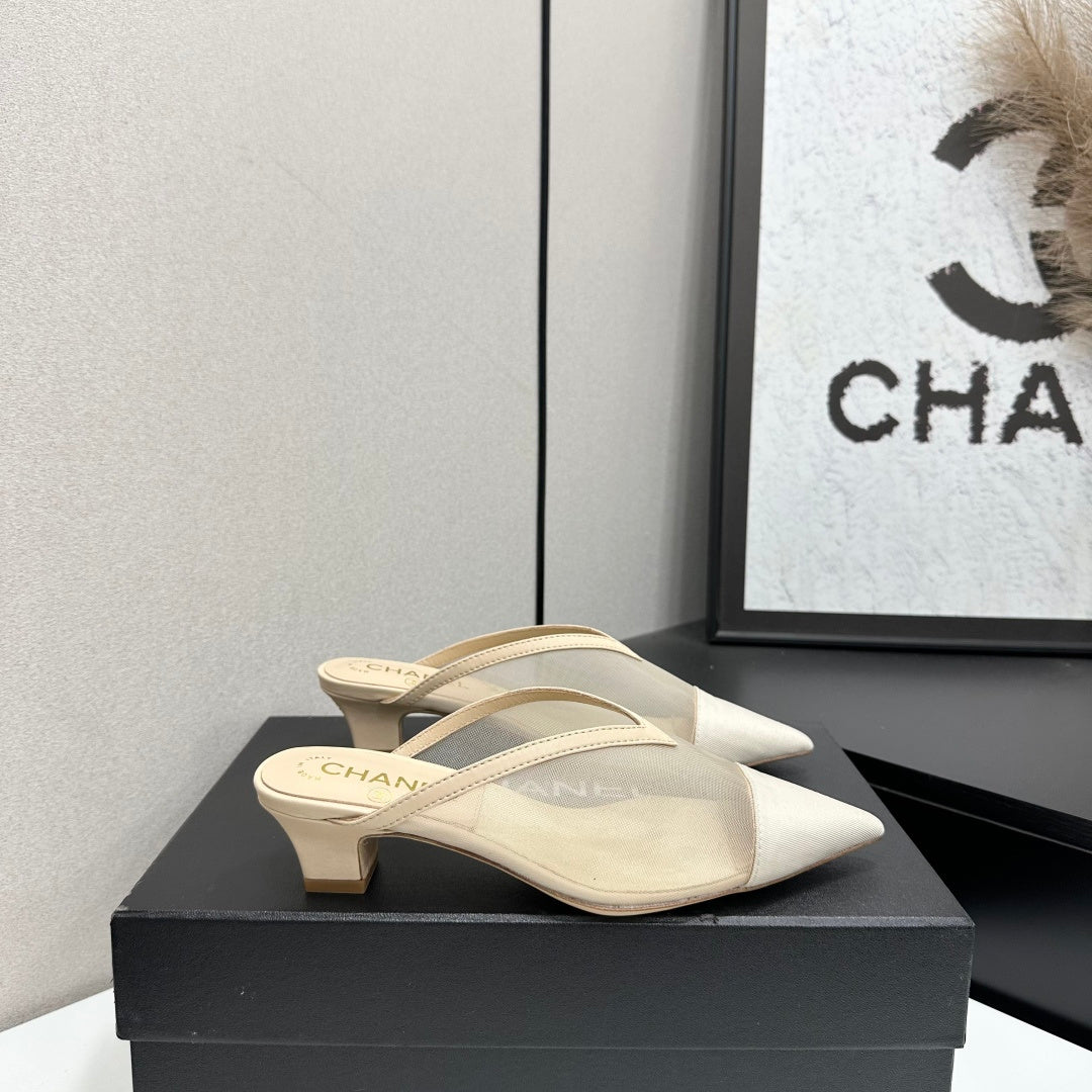 CC 26s Pointed-Toe Kitten Heel Mules Beige Mesh 926392