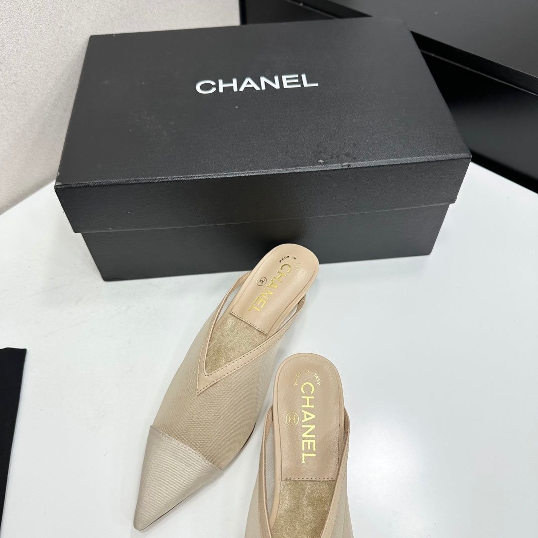 CC 26s Pointed-Toe Kitten Heel Mules Beige Mesh 926392