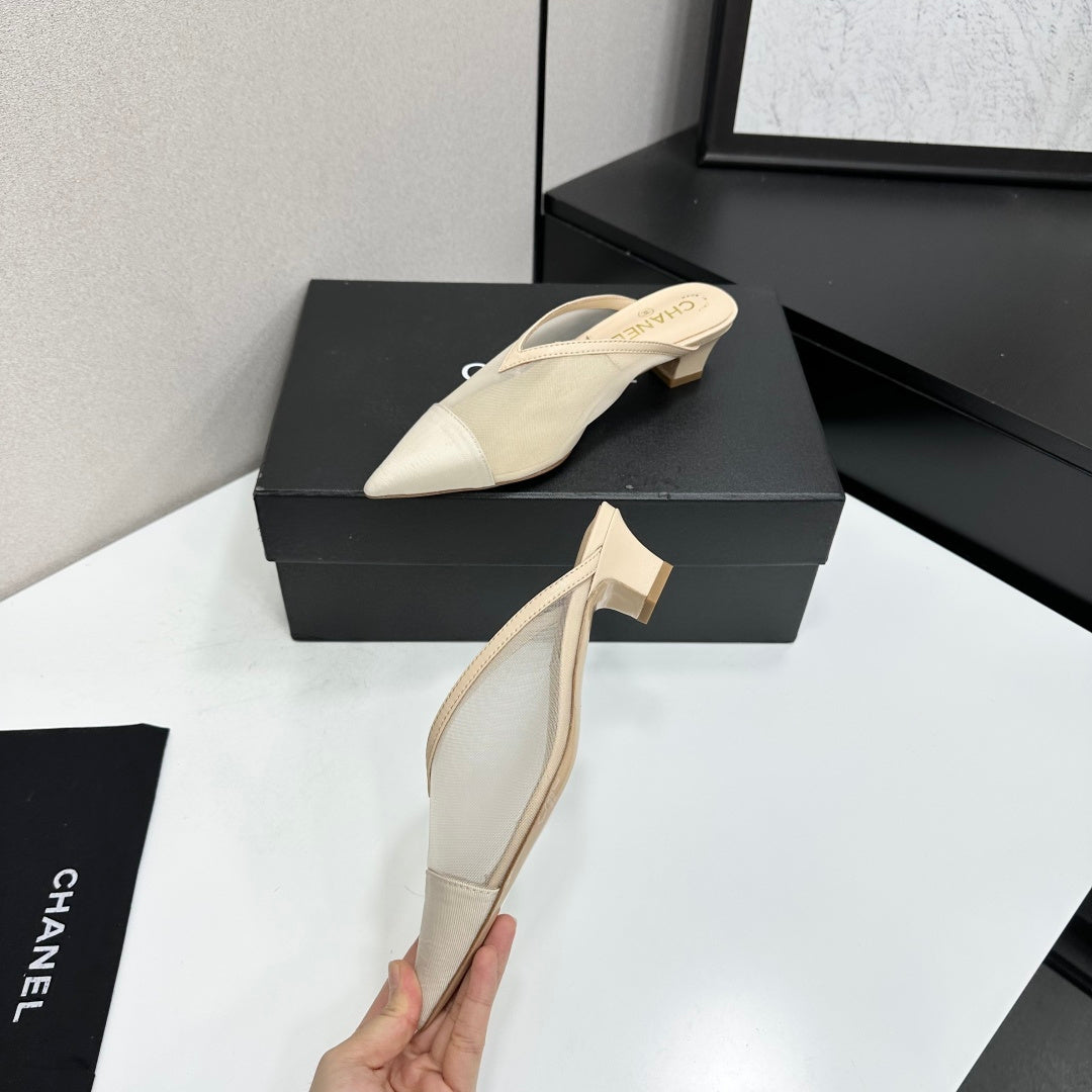 CC 26s Pointed-Toe Kitten Heel Mules Beige Mesh 926392