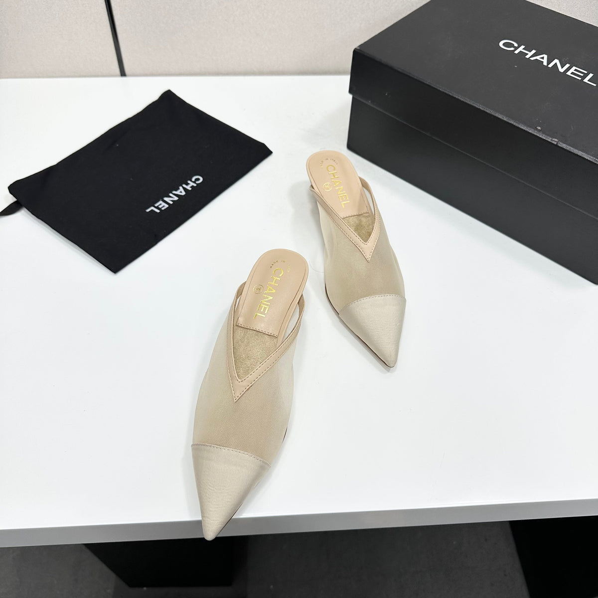 CC 26s Mules Beige Fabric Grosgrain Calfskin 135484