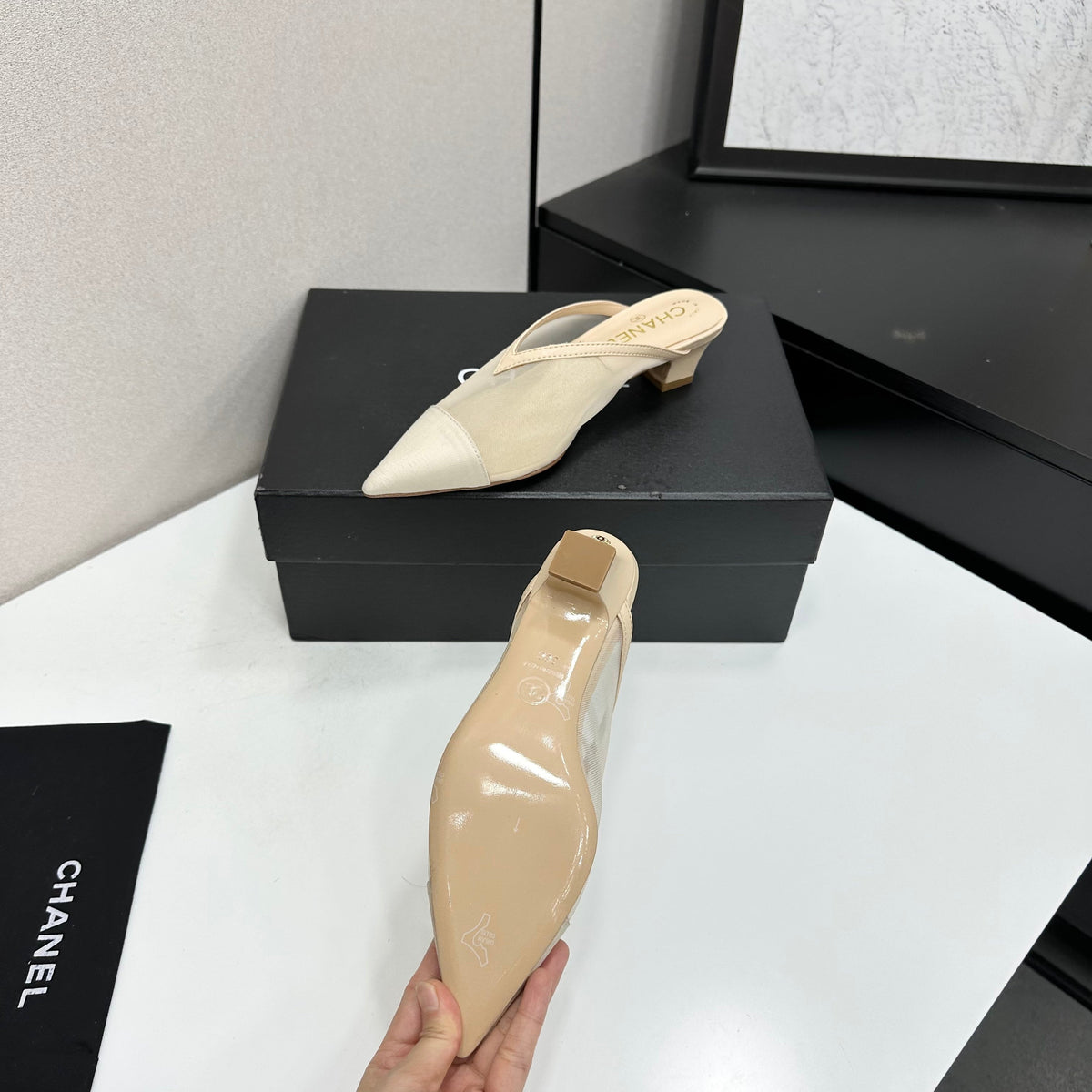 CC 26s Mules Beige Fabric Grosgrain Calfskin 135484