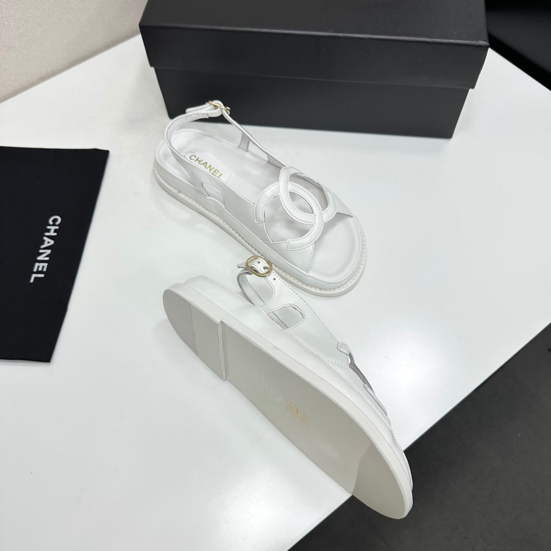 Chanel 26s Flat Sandals In White Lambskin