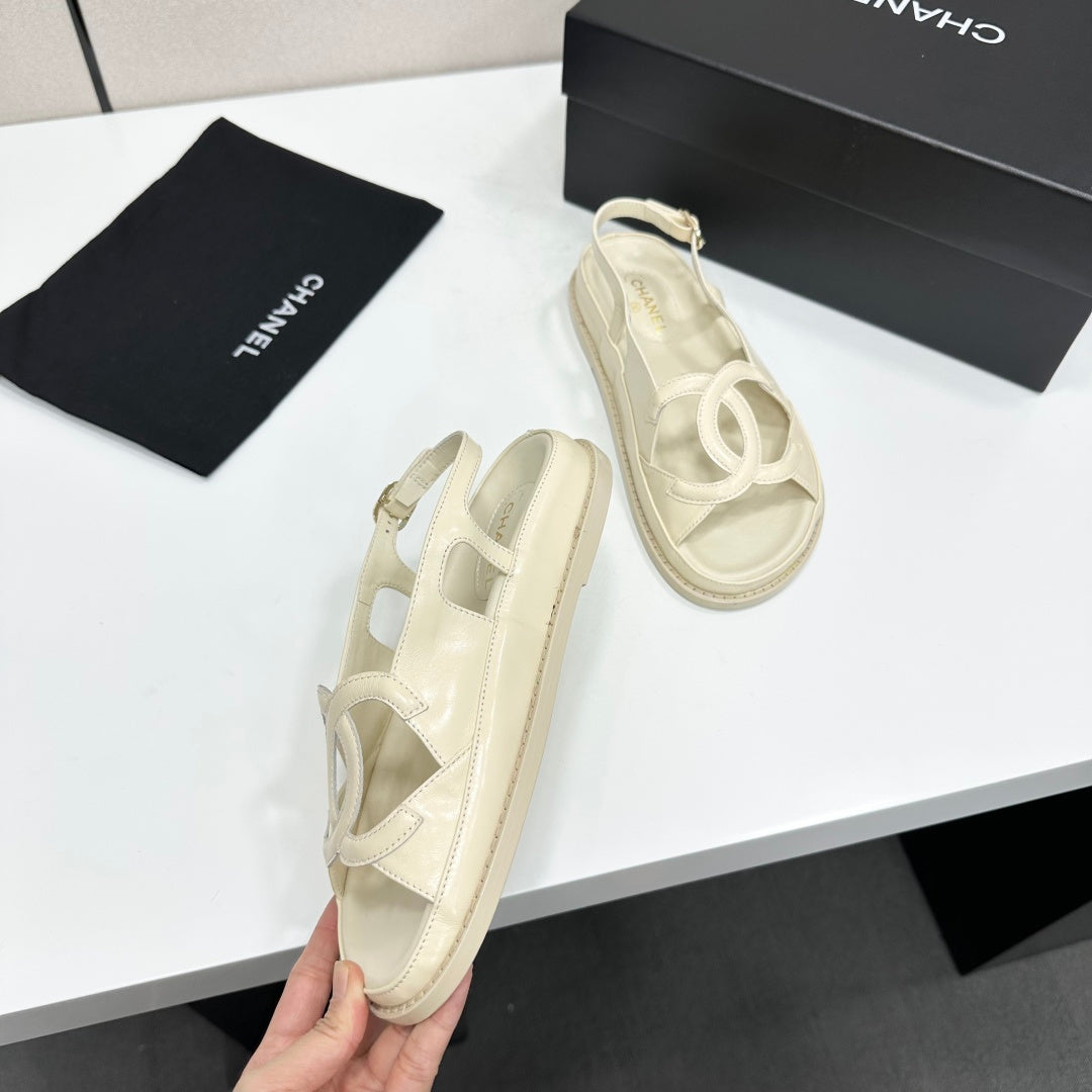 Chanel 26s Flat Sandals In Cream White Lambskin