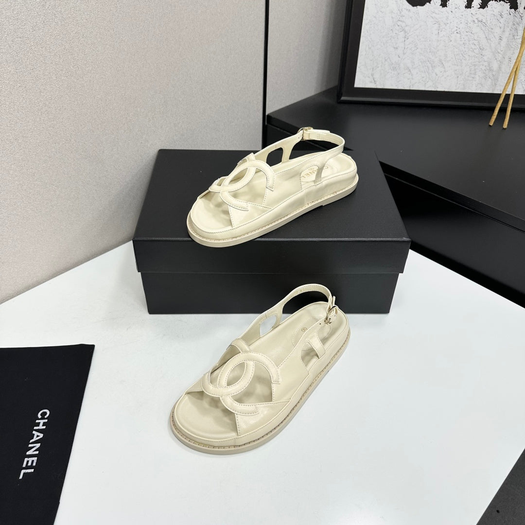 Chanel 26s Flat Sandals In Cream White Lambskin