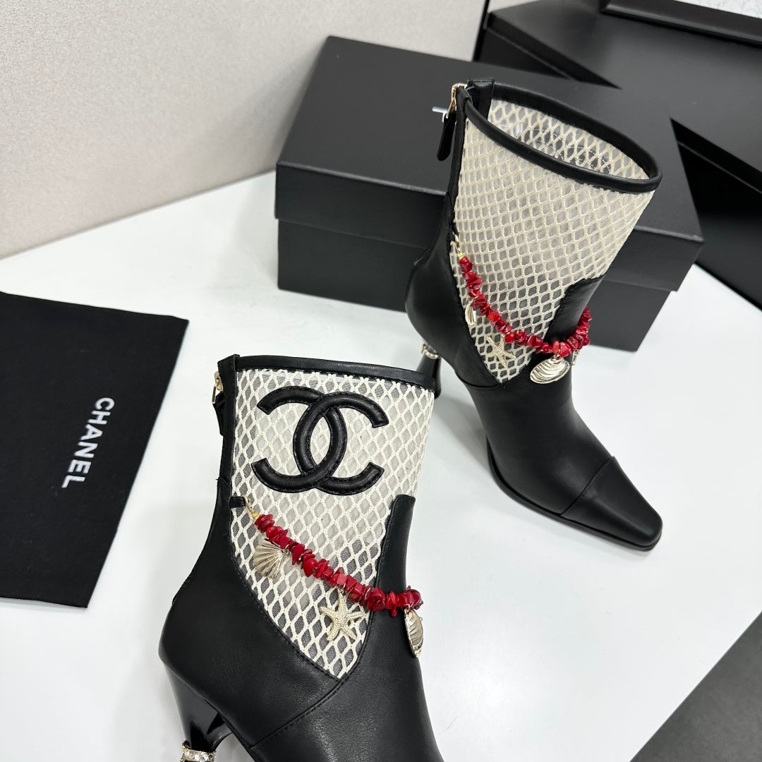 CC 26s Ankle Boots Seashell Charms Black White Mesh Leather 944675