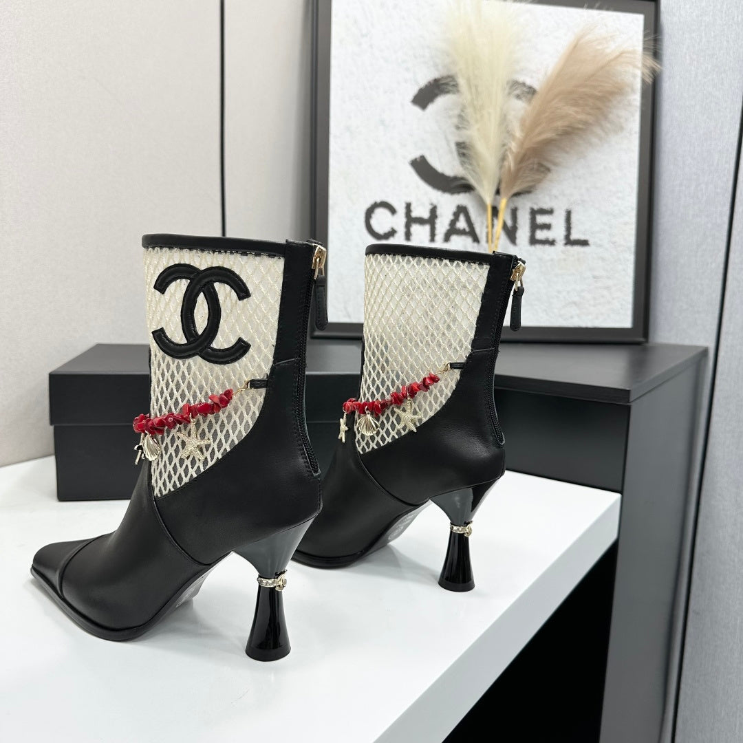 CC 26s Ankle Boots Seashell Charms Black White Mesh Leather 944675