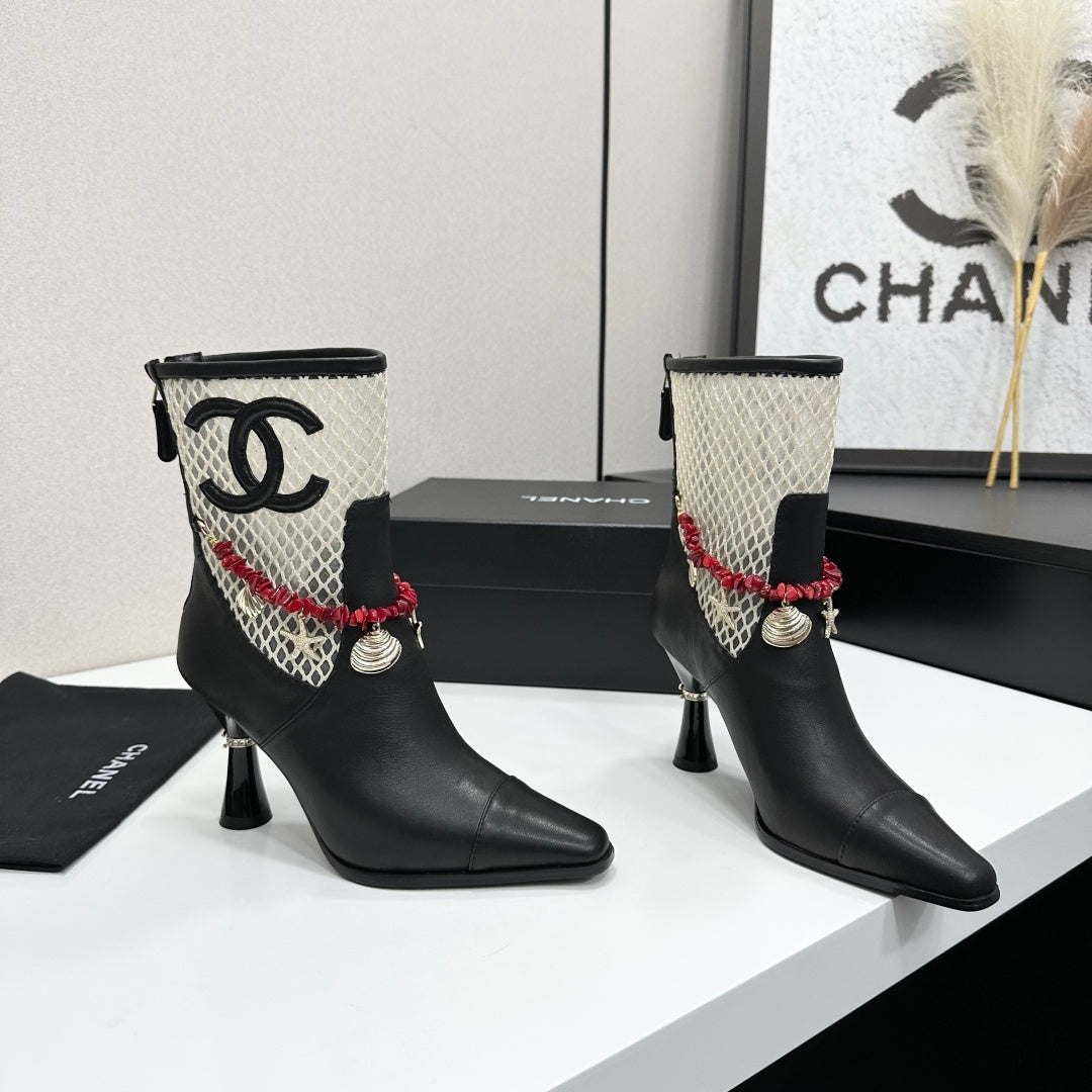 CC 26s Ankle Boots Seashell Charms Black White Mesh Leather 944675
