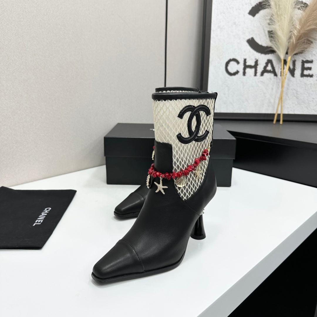 CC 26s Ankle Boots Seashell Charms Black White Mesh Leather 944675