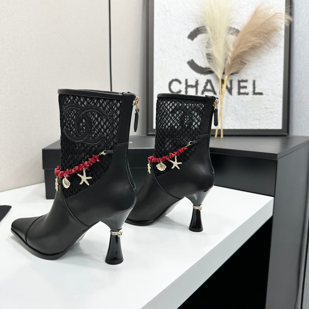 CC 26s Ankle Boots Seashell Charms Black Mesh Leather 944676