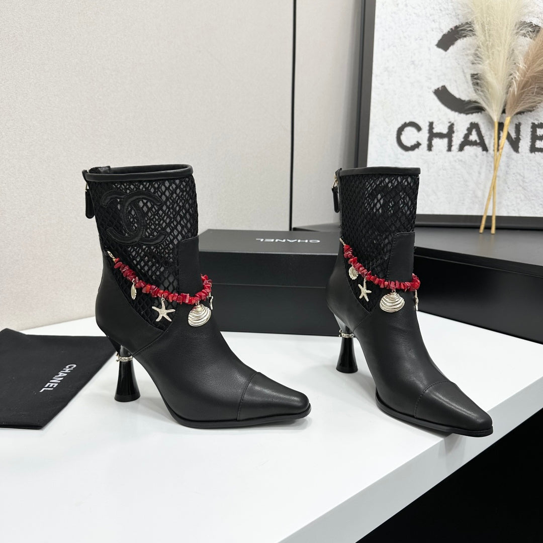 CC 26s Ankle Boots Seashell Charms Black Mesh Leather 944676
