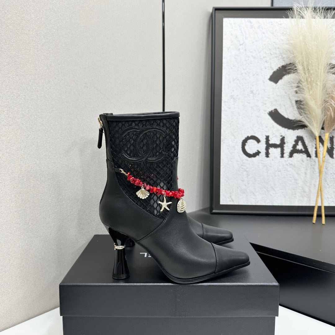 CC 26s Ankle Boots Seashell Charms Black Mesh Leather 944676