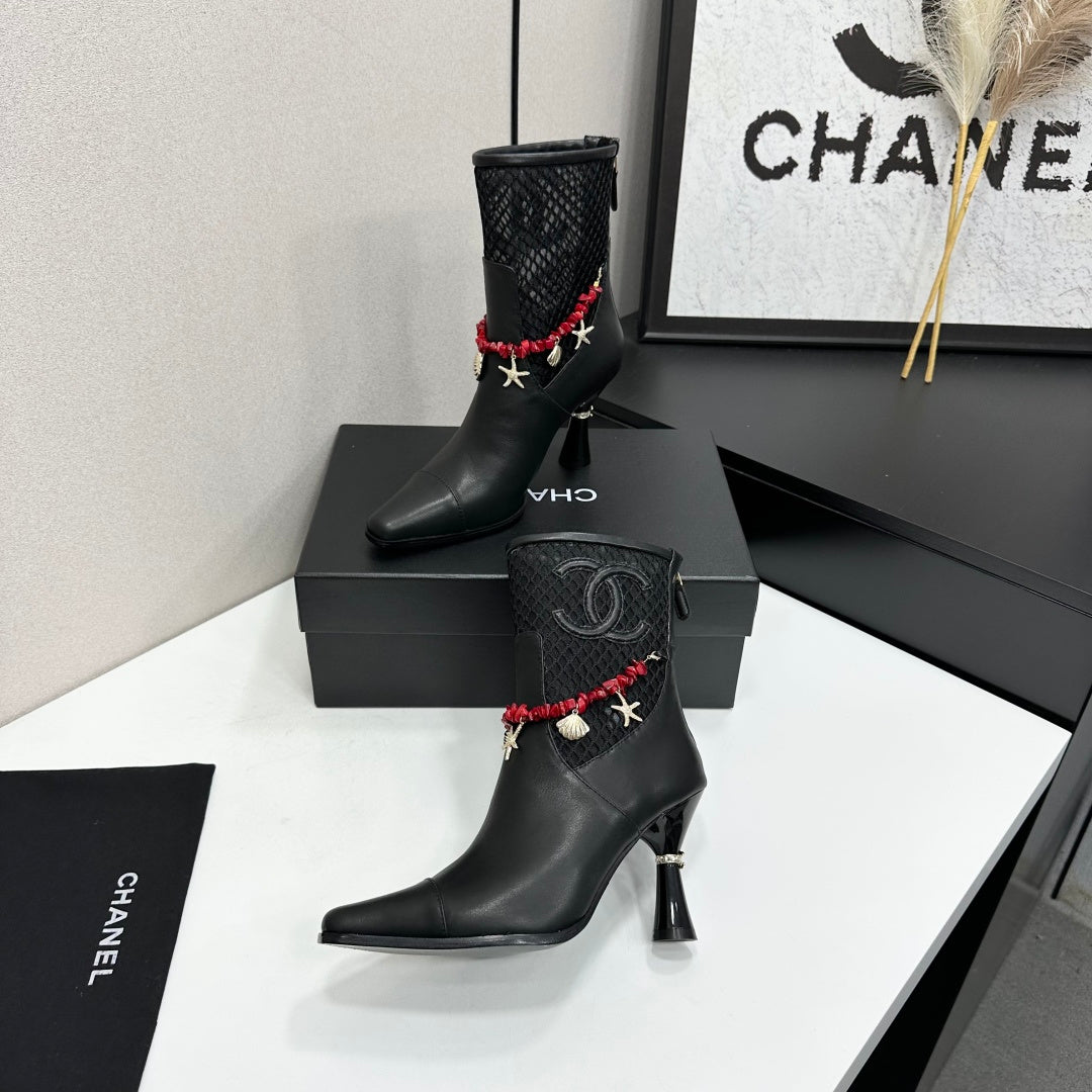 CC 26s Ankle Boots Seashell Charms Black Mesh Leather 944676
